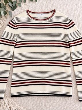 Frame Denim Cream Striped Crewneck Sweater with Burgundy and Black Accents